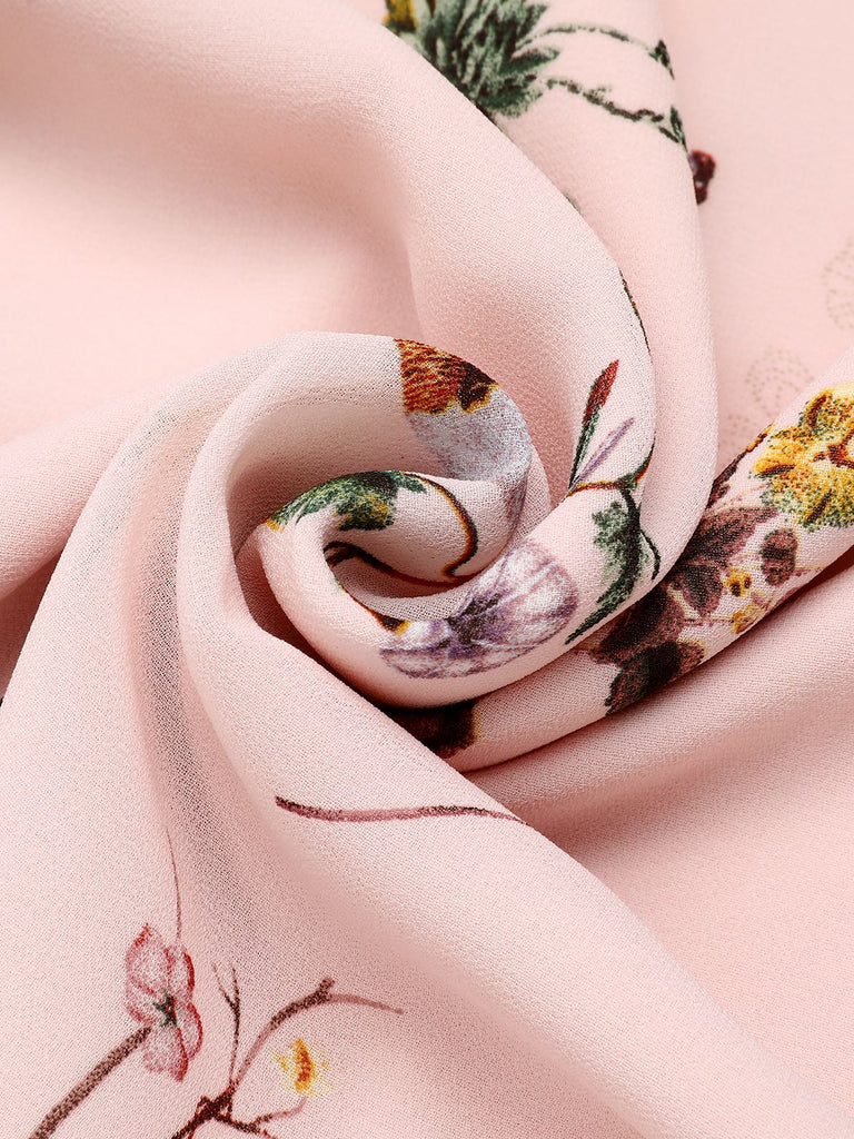 Abito floreale rosa fiocco scollo a V anni '50