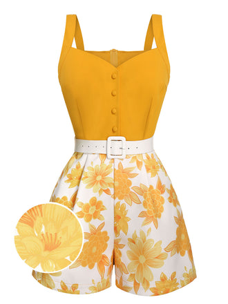 Tuta lunga stampa floreale spalline sottili giallo anni '50