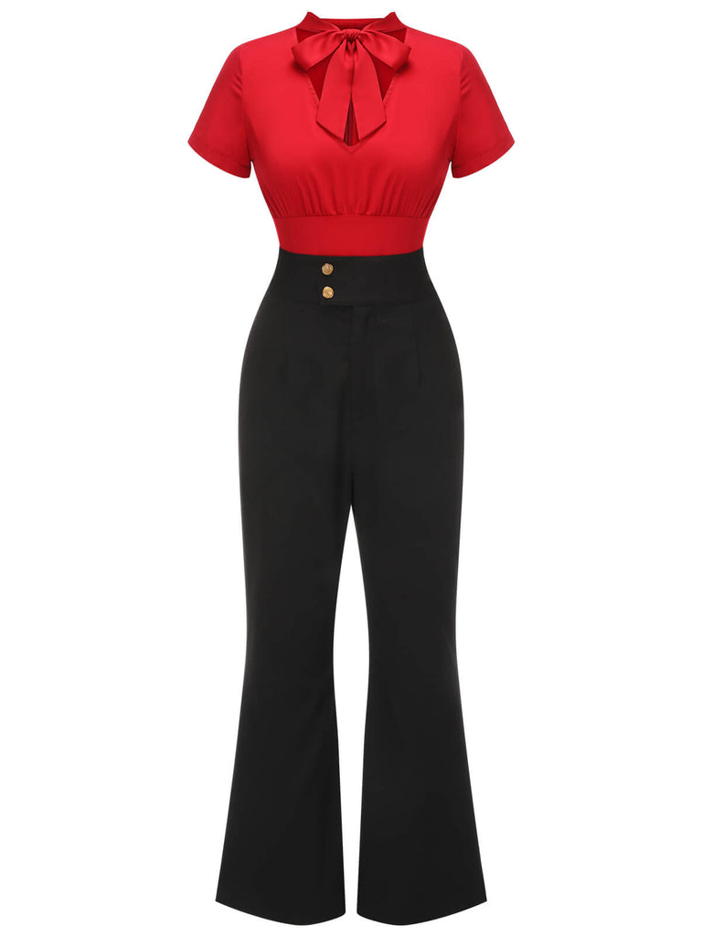 2PCS Camicetta rossa annodata e pantaloni nero anni '40