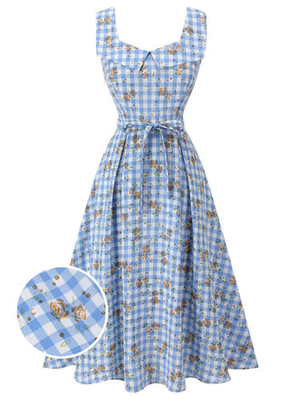 Abito plaid a rosa lacci fiocco blu anni '40