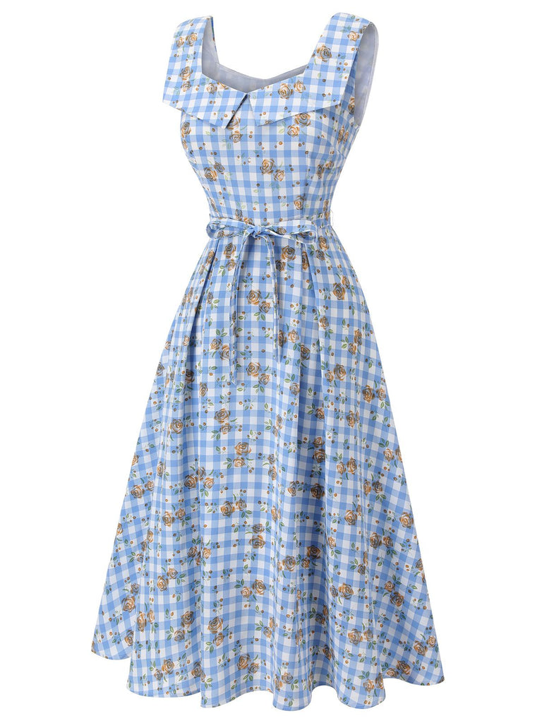 Abito plaid a rosa lacci fiocco blu anni '40