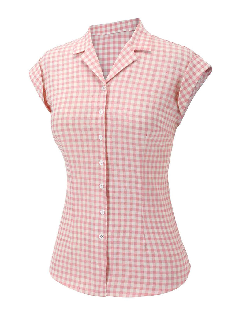 Camicetta con revers plaid Gingham rosa anni '50