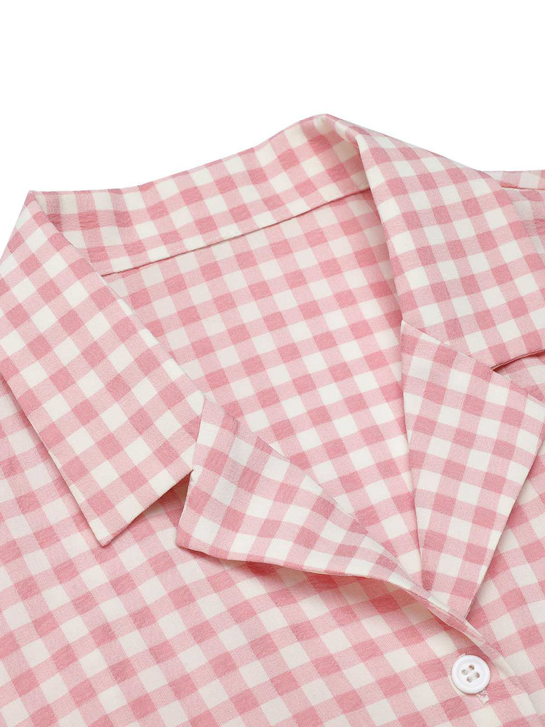 Camicetta con revers plaid Gingham rosa anni '50