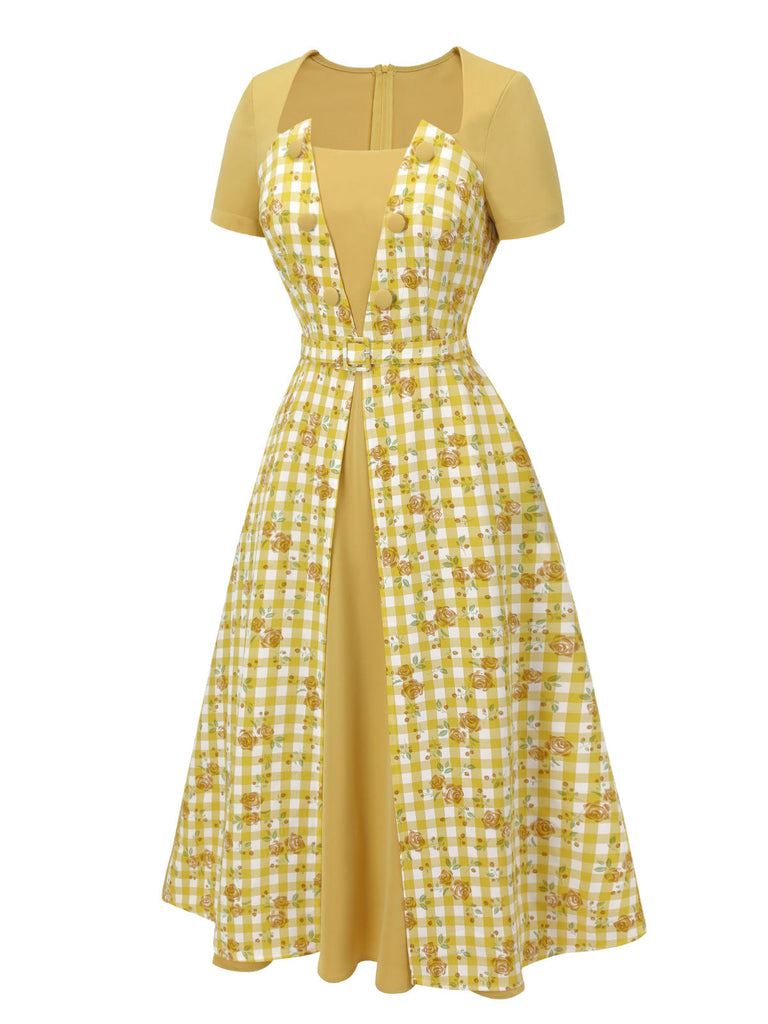 Abito raglan a rosé plaid giallo anni '50