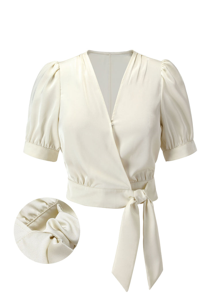 Camicetta maniche a sbuffo in raso scollo a V beige anni '50