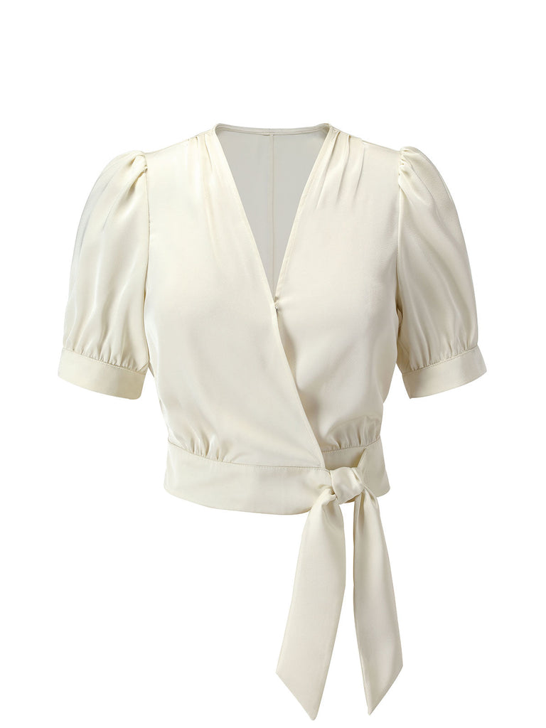 Camicetta maniche a sbuffo in raso scollo a V beige anni '50