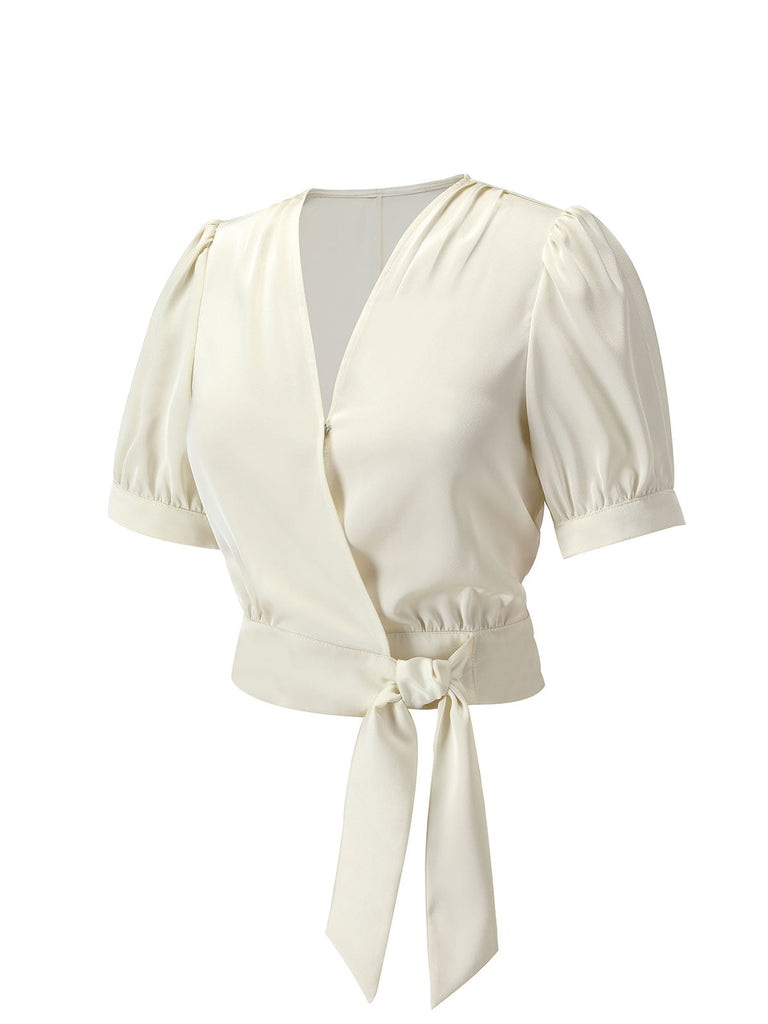 Camicetta maniche a sbuffo in raso scollo a V beige anni '50