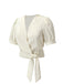 Camicetta maniche a sbuffo in raso scollo a V beige anni '50