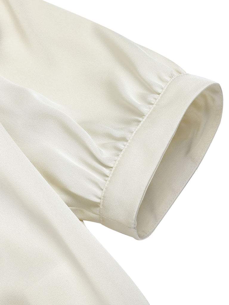 Camicetta maniche a sbuffo in raso scollo a V beige anni '50