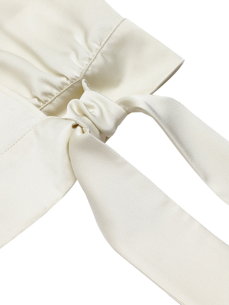 Camicetta maniche a sbuffo in raso scollo a V beige anni '50