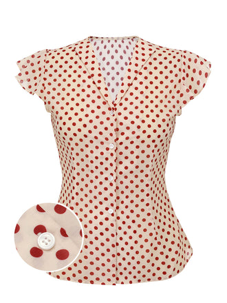 Camicetta a pois con maniche a palloncino rosso anni '50