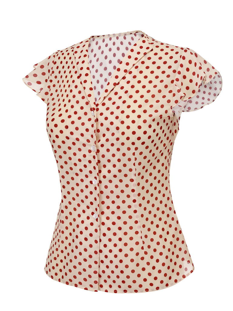 Camicetta a pois con maniche a palloncino rosso anni '50