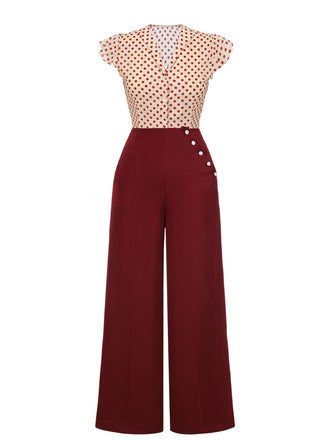 2PCS Camicetta a pois rosso e pantaloni bordeaux anni '50