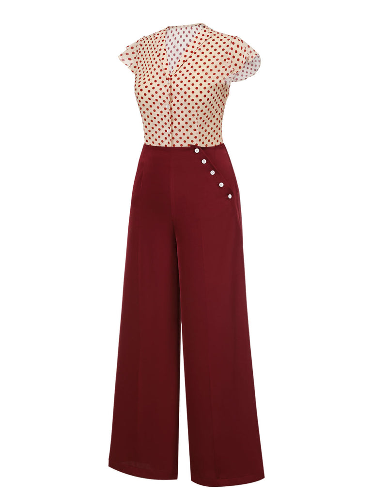 2PCS Camicetta a pois rosso e pantaloni bordeaux anni '50