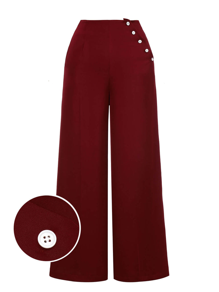 Pantaloni a gamba larga con bottoni borgogna rosso anni '50