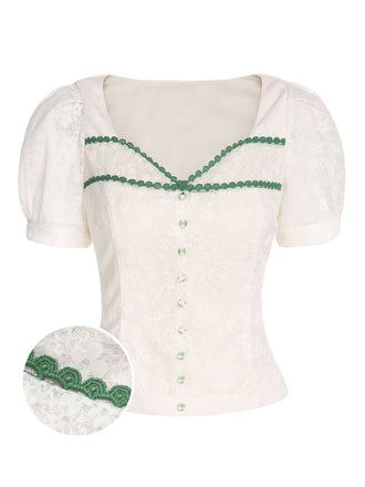 Camicetta in pizzo con maniche a sbuffo beige anni '50