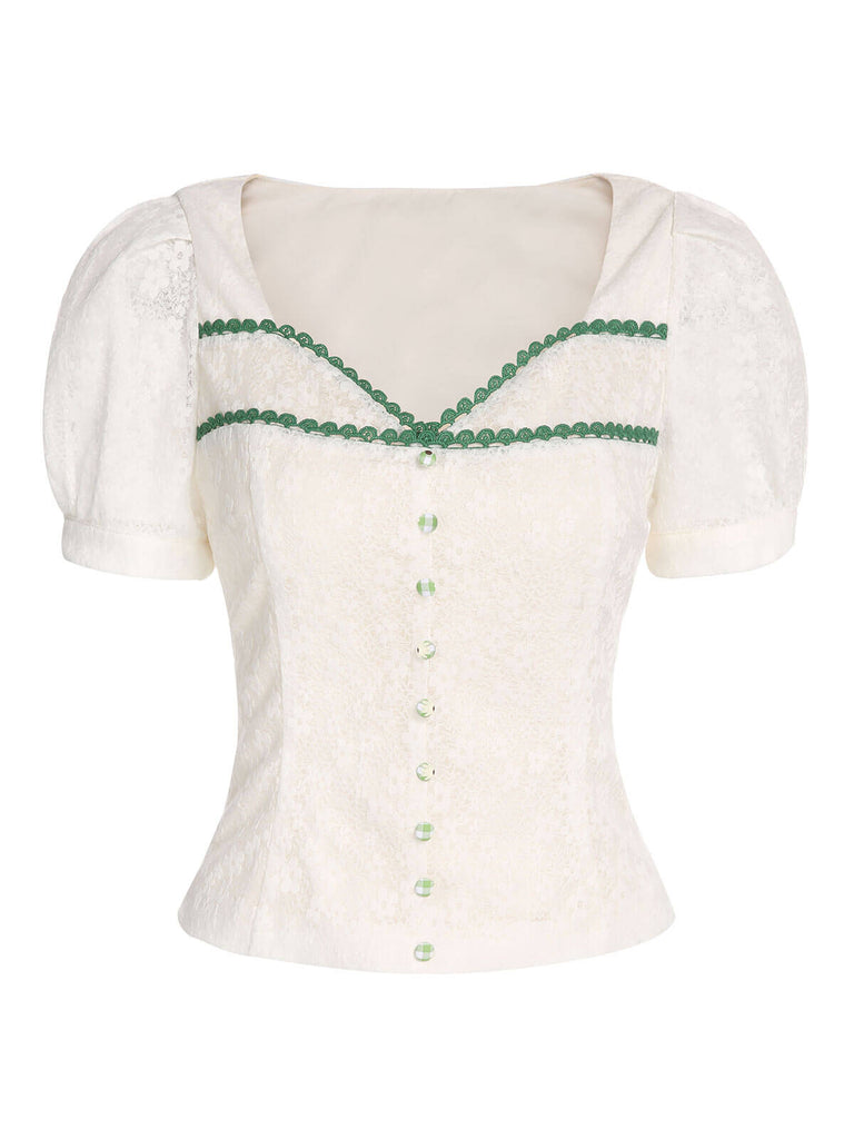 Camicetta in pizzo con maniche a sbuffo beige anni '50