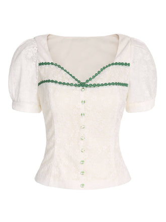 Camicetta in pizzo con maniche a sbuffo beige anni '50