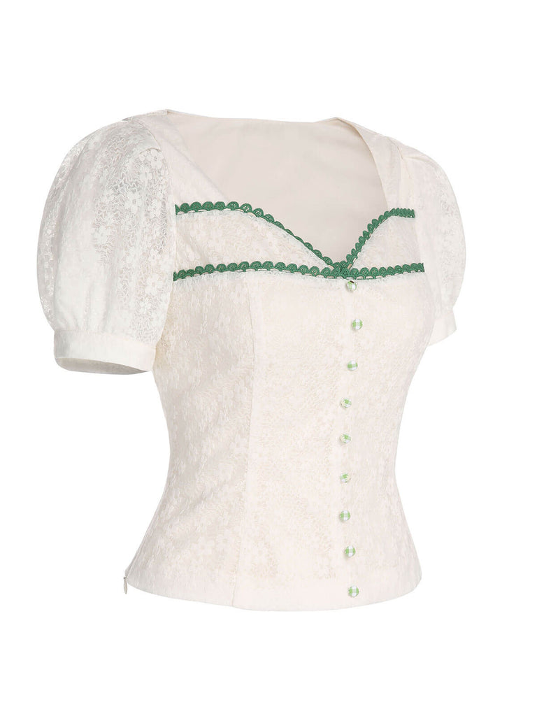 Camicetta in pizzo con maniche a sbuffo beige anni '50