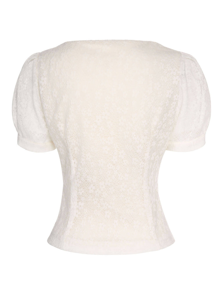 Camicetta in pizzo con maniche a sbuffo beige anni '50