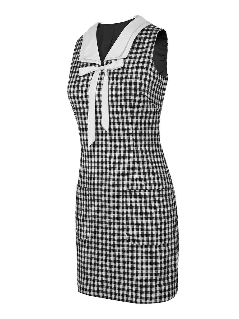 Abito a tubino plaid a quadretti in acetato nero anni '60