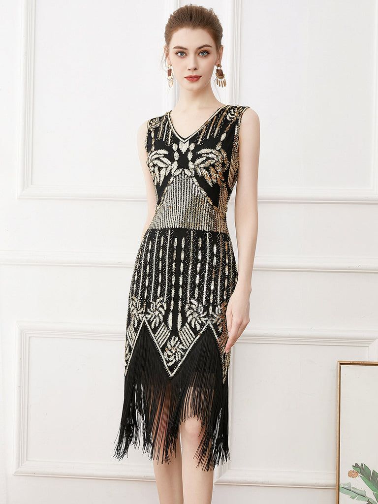 Abito Gatsby senza maniche paillettes nappe oro anni '20