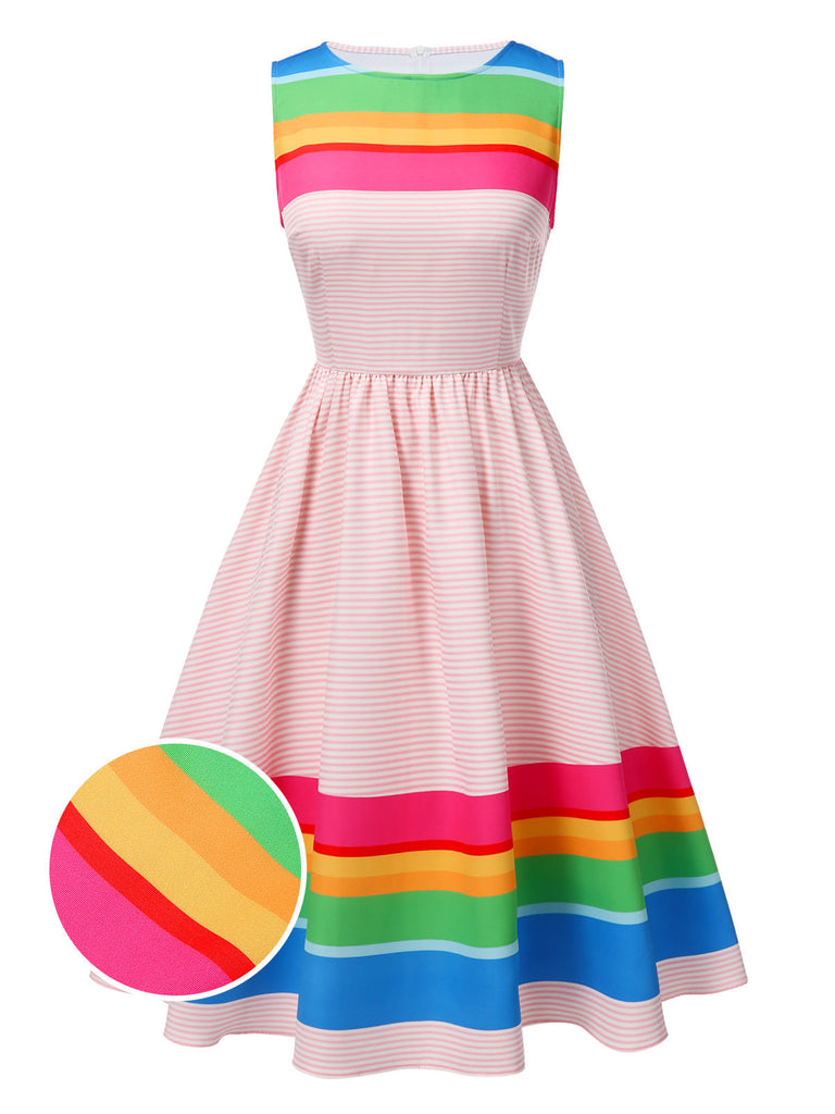 Abito a righe arcobaleno a scollo a barca multicolore anni '50