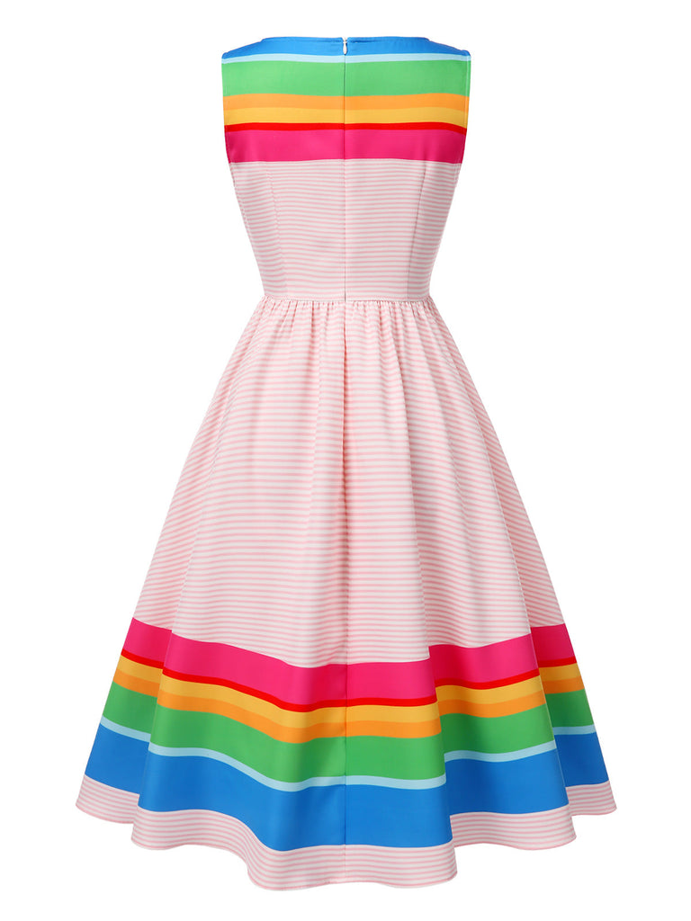 Abito a righe arcobaleno a scollo a barca multicolore anni '50