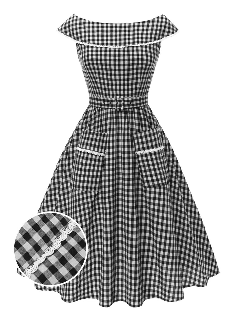Abito cintura e pizzo a quadri Gingham nero anni '50