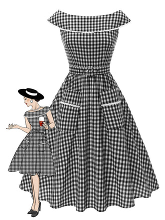 Abito cintura e pizzo a quadri Gingham nero anni '50