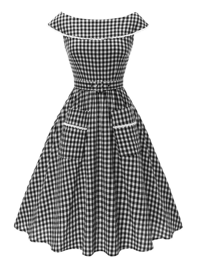 Abito cintura e pizzo a quadri Gingham nero anni '50