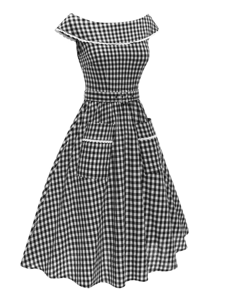 Abito cintura e pizzo a quadri Gingham nero anni '50