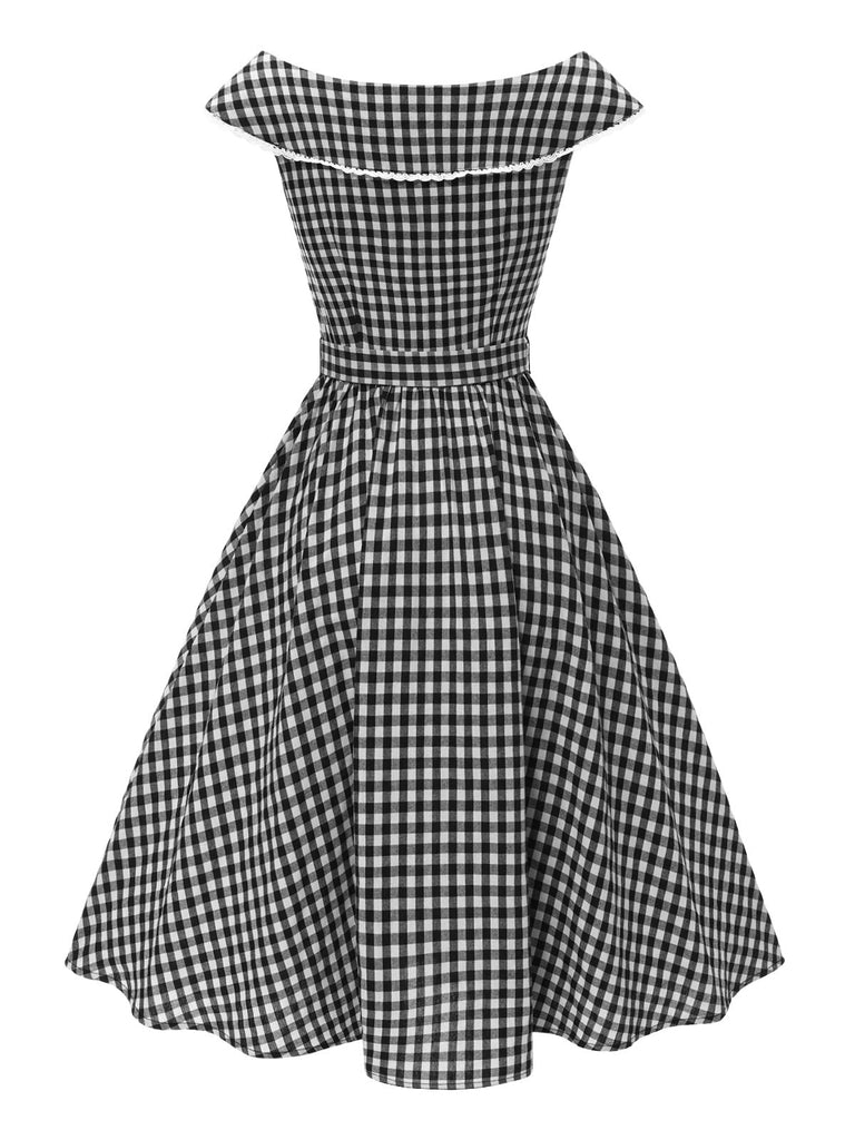Abito cintura e pizzo a quadri Gingham nero anni '50
