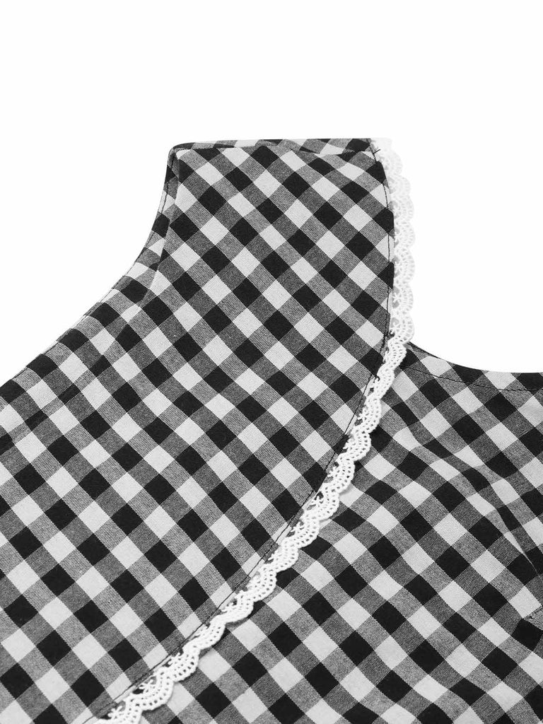 Abito cintura e pizzo a quadri Gingham nero anni '50