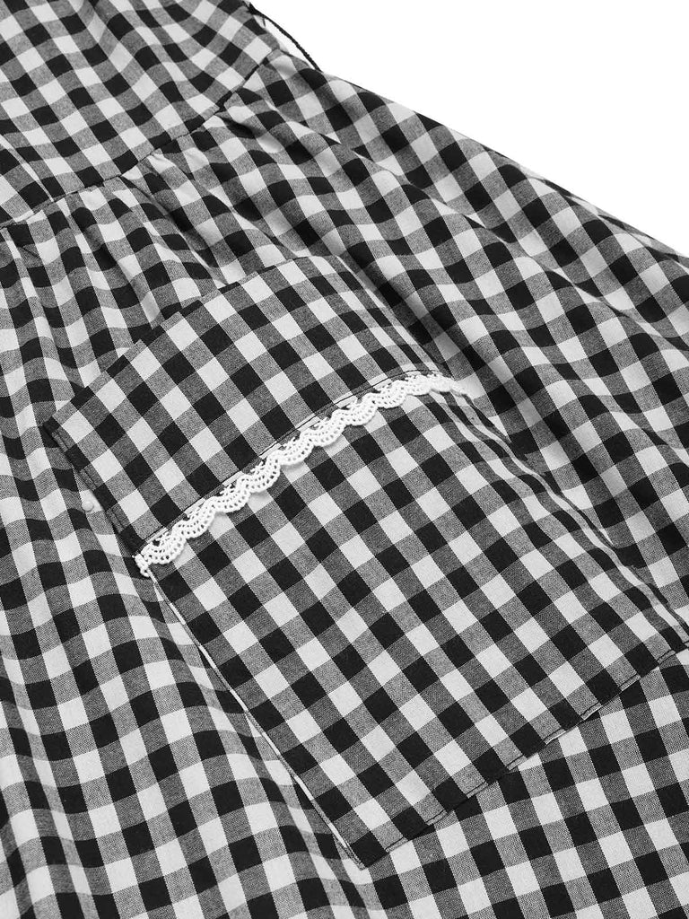 Abito cintura e pizzo a quadri Gingham nero anni '50