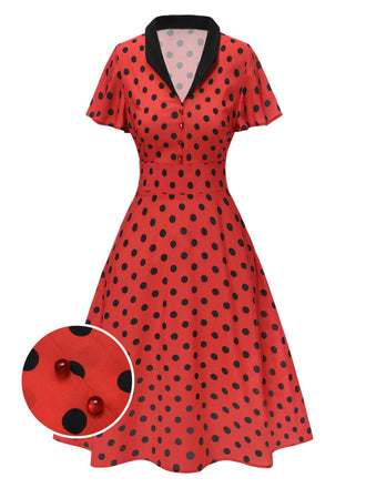Abito con scollo a V e pois rosso scuro anni '50