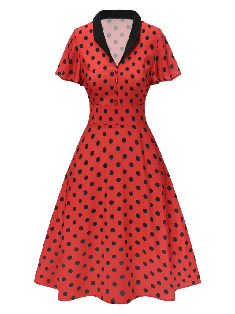 Abito con scollo a V e pois rosso scuro anni '50