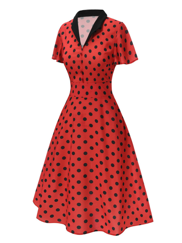 Abito con scollo a V e pois rosso scuro anni '50