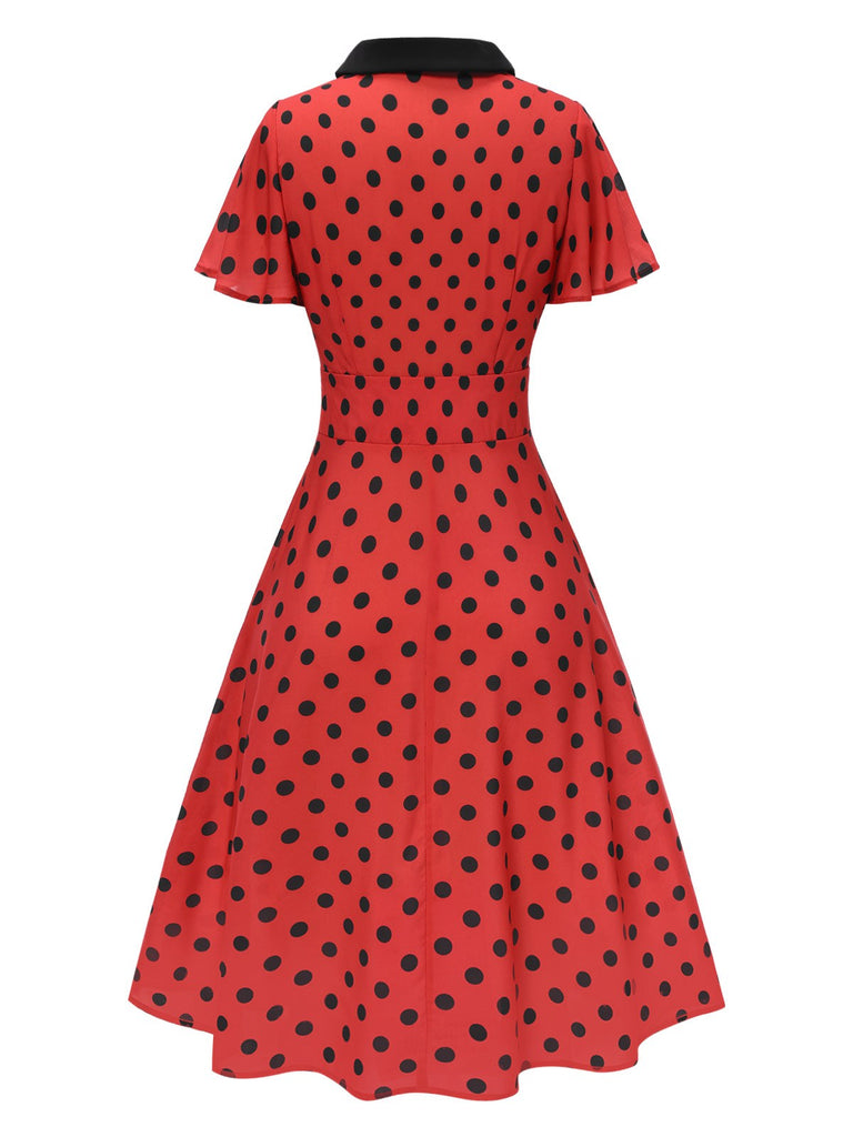 Abito con scollo a V e pois rosso scuro anni '50