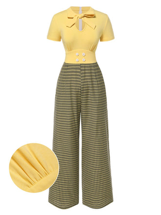 Tuta lunga nodo al collo plaid giallo anni '30