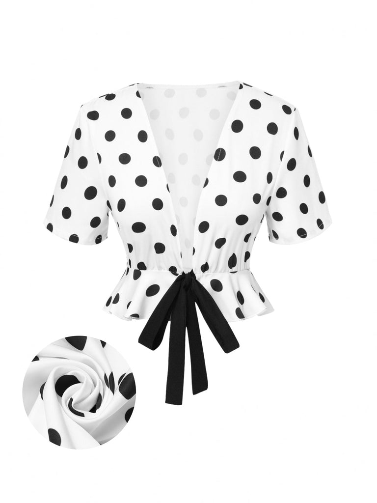 Top a pois con scollo a V profondo bianco anni '50