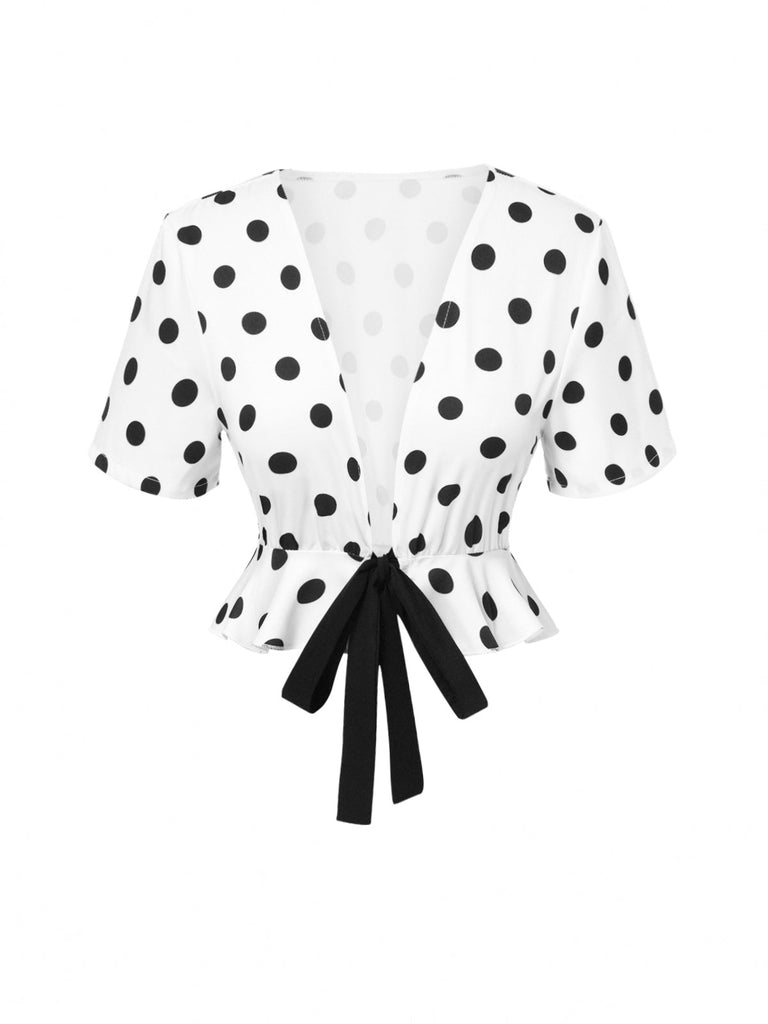 Top a pois con scollo a V profondo bianco anni '50