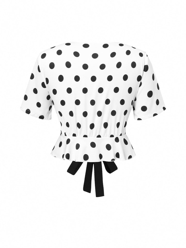 Top a pois con scollo a V profondo bianco anni '50