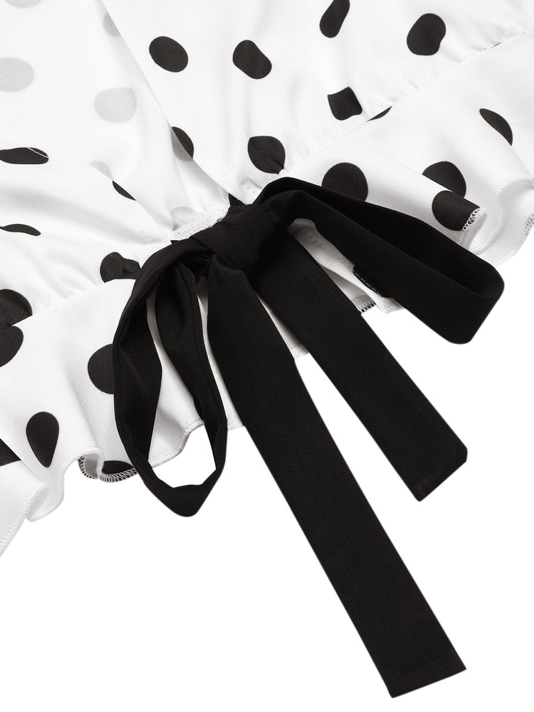 Top a pois con scollo a V profondo bianco anni '50
