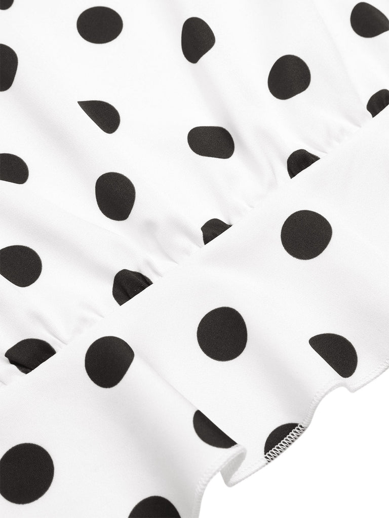 Top a pois con scollo a V profondo bianco anni '50