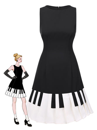 Abito scollo a barca e tasti di pianoforte nero anni '60