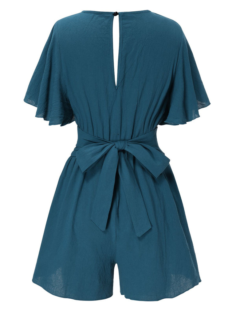Tuta corta in cotone e maniche a balze scollo a V blu anni '50