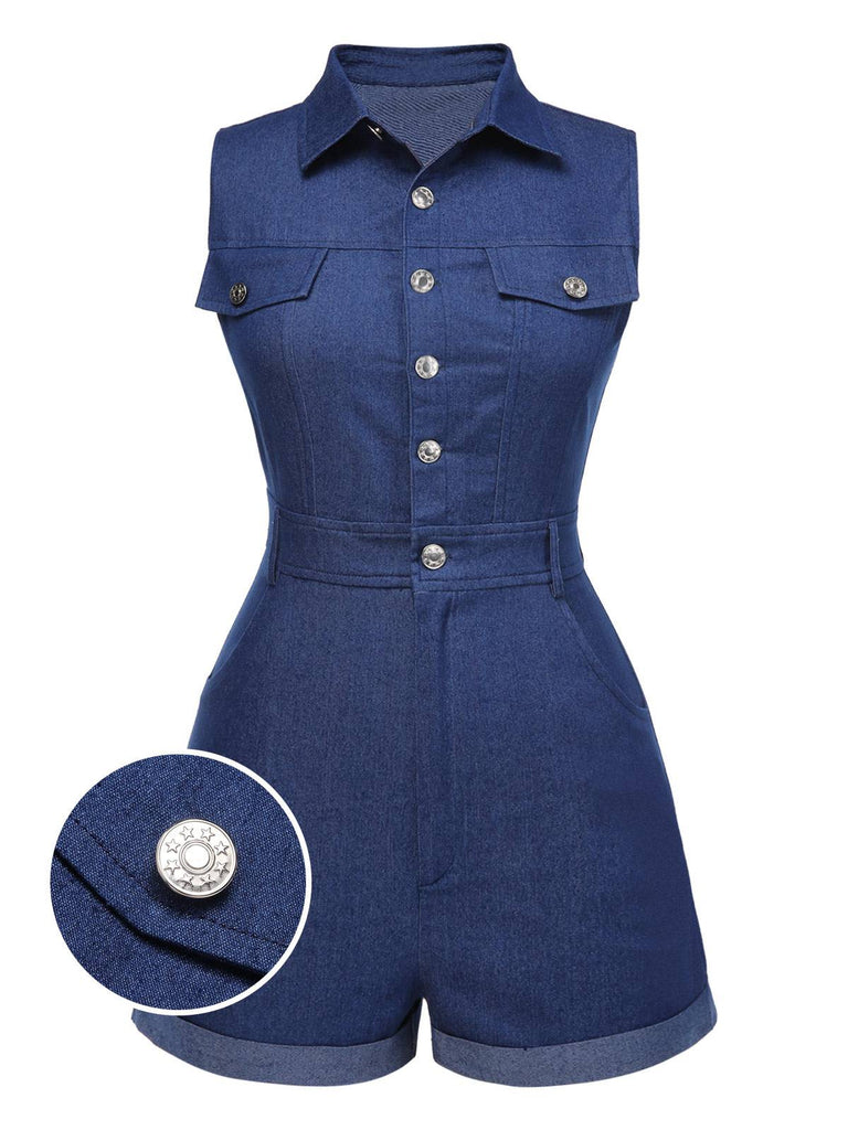 Tuta corta in cotone tinta unita in denim blu anni '70