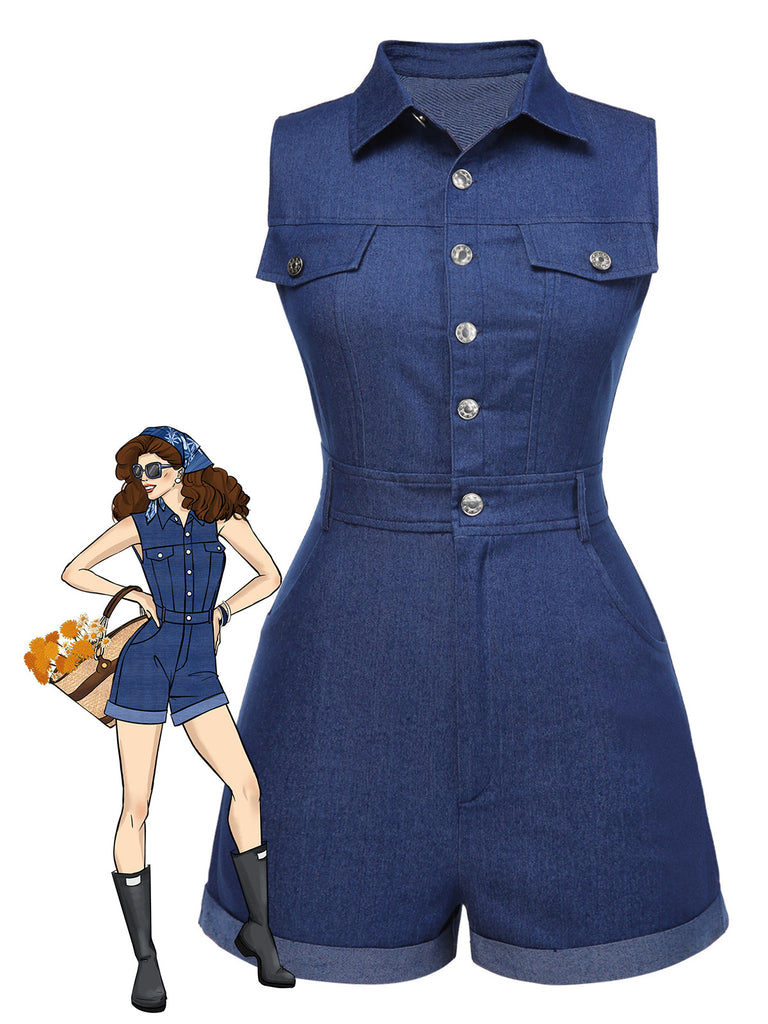 Tuta corta in cotone tinta unita in denim blu anni '70