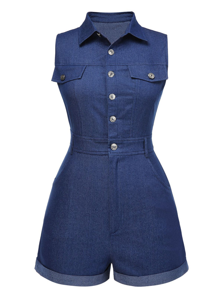 Tuta corta in cotone tinta unita in denim blu anni '70